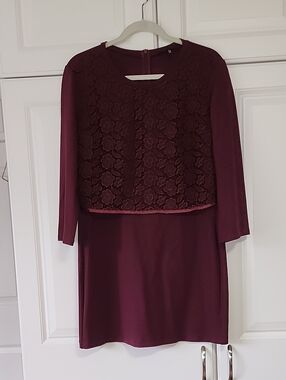 MaxMara Burgundy Layered Floral Lace Long-Sleeve Mini Dress